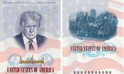 Fotografía divulgada por el Departamento de Estado de Estados Unidos que muestra dos páginas de un pasaporte, en una aparece el rostro del presidente Donald Trump enmarcado por la Declaración de Independencia y la bandera estadounidense, junto con su firma en color dorado; y en la otra página muestra a los Padres Fundadores firmando la declaración. EFE/ Departamento de Estado EEUU /SOLO USO EDITORIAL/ NO VENTAS/ SOLO DISPONIBLE PARA ILUSTRAR LA NOTICIA QUE ACOMPAÑA (CRÉDITO OBLIGATORIO)