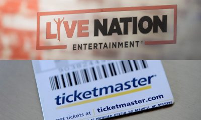 Combo de fotografías de archivo que muestra el logo de Live Nation Entertainment en la puerta de una oficina en Nueva York, y de un tiquete de ticketmaster. EFE/ Justin Lane/ Andrew Gombert