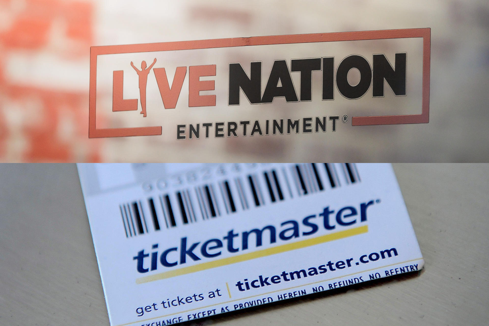 Combo de fotografías de archivo que muestra el logo de Live Nation Entertainment en la puerta de una oficina en Nueva York, y de un tiquete de ticketmaster. EFE/ Justin Lane/ Andrew Gombert