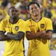 John Yeboah (i) y Anthony Valencia celebran este sábado la victoria por 2-1 de la selección de Ecuador en partido amistoso con la de Arabia Saudí jugado en el estadio Sports Illustrated de Nueva Jersey. EFE/ Ángel Colmenares.