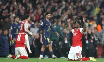 El jugador del Arsenal Noni Madueke celebra el pase a la final tras el partido de la vuelta de semifinales de la UEFA Champions League que han jugado Arsenal FC y Atletico de Madrid, en Londres, Reino Unido. EFE/EPA/NEIL HALL
