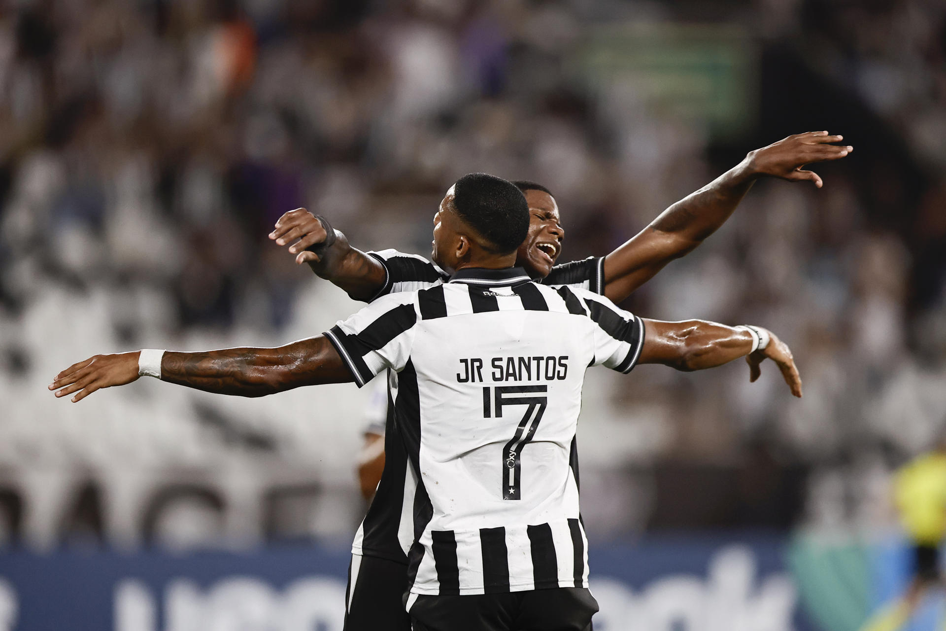 Jugadores de Botafogo celebran este miércoles la victoria sobre Racing en partido de la cuarta jornada de la fase de grupos de la Copa Sudamericana jugado en el estadio Nilton Santos de Río de Janeiro. EFE/ André Coelho