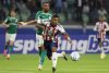 Allan (i), de Palmeiras, disputa un balón con Jhomier Guerrero, de Junior, en un partido de la fase de grupos de la Copa Libertadores entre Palmeiras y Junior en el Allianz Parque en Sao Paulo (Brasil). EFE/Sebastião Moreira