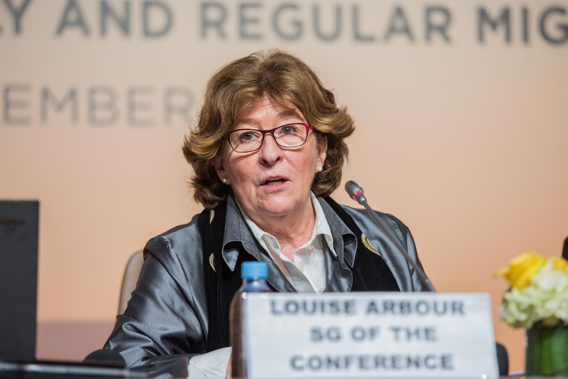 Fotografía de archivo del 9 de diciembre de 2018 de la jurista Louise Arbour durante una rueda de prensa en Marrakech (Marruecos). EFE/JALAL MORCHIDI