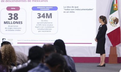 Fotografía cedida este viernes por la presidencia de México, de la manadataria mexicana, Claudia Sheinbaum, durante una rueda de prensa matutina en Palacio Nacional de la Ciudad de México (México). FE/Presidencia de México/SOLO USO EDITORIAL/NO VENTAS/SOLO DISPONIBLE PARA ILUSTRAR LA NOTICIA QUE ACOMPAÑA(CRÉDITO OBLIGATORIO)