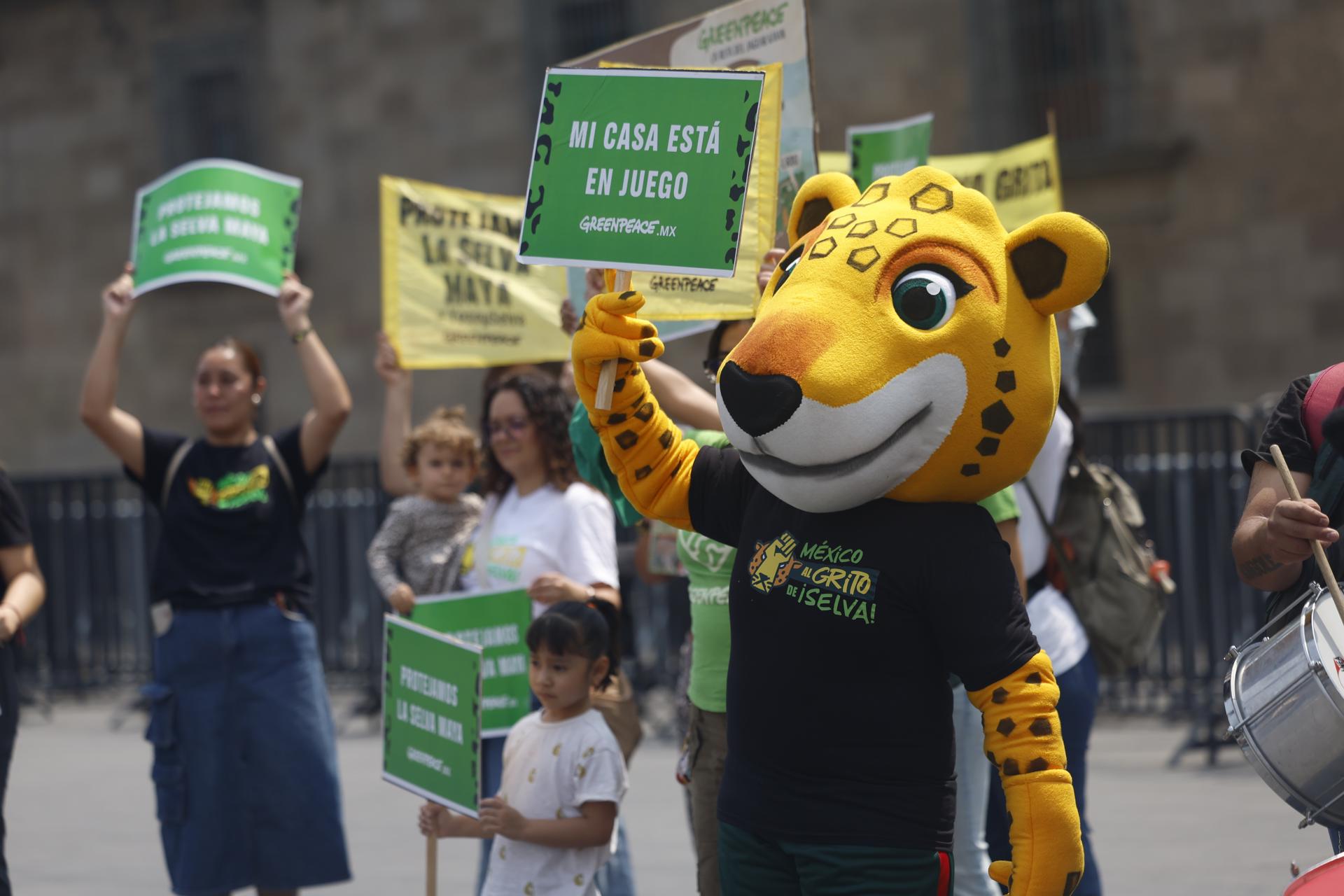 Integrantes de Greenpeace y la mascota jaguar 'Kanan' se manifiestan este sábado, a las afueras de Palacio Nacional en Ciudad de México (México). EFE/Sáshenka Gutiérrez