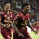 Jherson Mosquera, de Tolima, celebra un gol ante Nacional en partido de Copa Libertadores en el estadio Manuel Murillo Toro de Ibagué (Colombia). EFE/Carlos Ortega