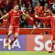 Joao Dias (i) y Pavel Pérez del Toluca celebran un gol este miércoles, durante un partido de la semifinal de la Copa de Campeones Concacaf en el estadio Nemesio Diez en Toluca (México). EFE/Felipe Gutiérrez