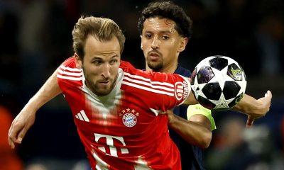 Marquinhos, del PSG, y Harry Kane, del Bayern, durante el partido de ida de semifinales de la Liga de Campeones. EFE/EPA/YOAN VALAT