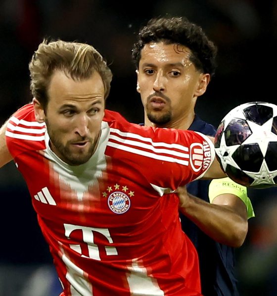 Marquinhos, del PSG, y Harry Kane, del Bayern, durante el partido de ida de semifinales de la Liga de Campeones. EFE/EPA/YOAN VALAT