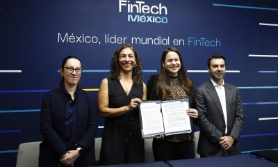 Desde la izquierda: la integrante del comité de Vigilancia de Fintech México y gerente general de Belvo, Federica Gregorini; la consejera de fintech México y Gerente Clip, Myriam Cosío; la directora de Fintech México, Claudia Núñez y el coordinador del comité de PLD de Fintech México, Bernardo Mendoza, posan al término de una rueda de prensa en Ciudad de México (México). Imagen de archivo. EFE/Sáshenka Gutiérrez