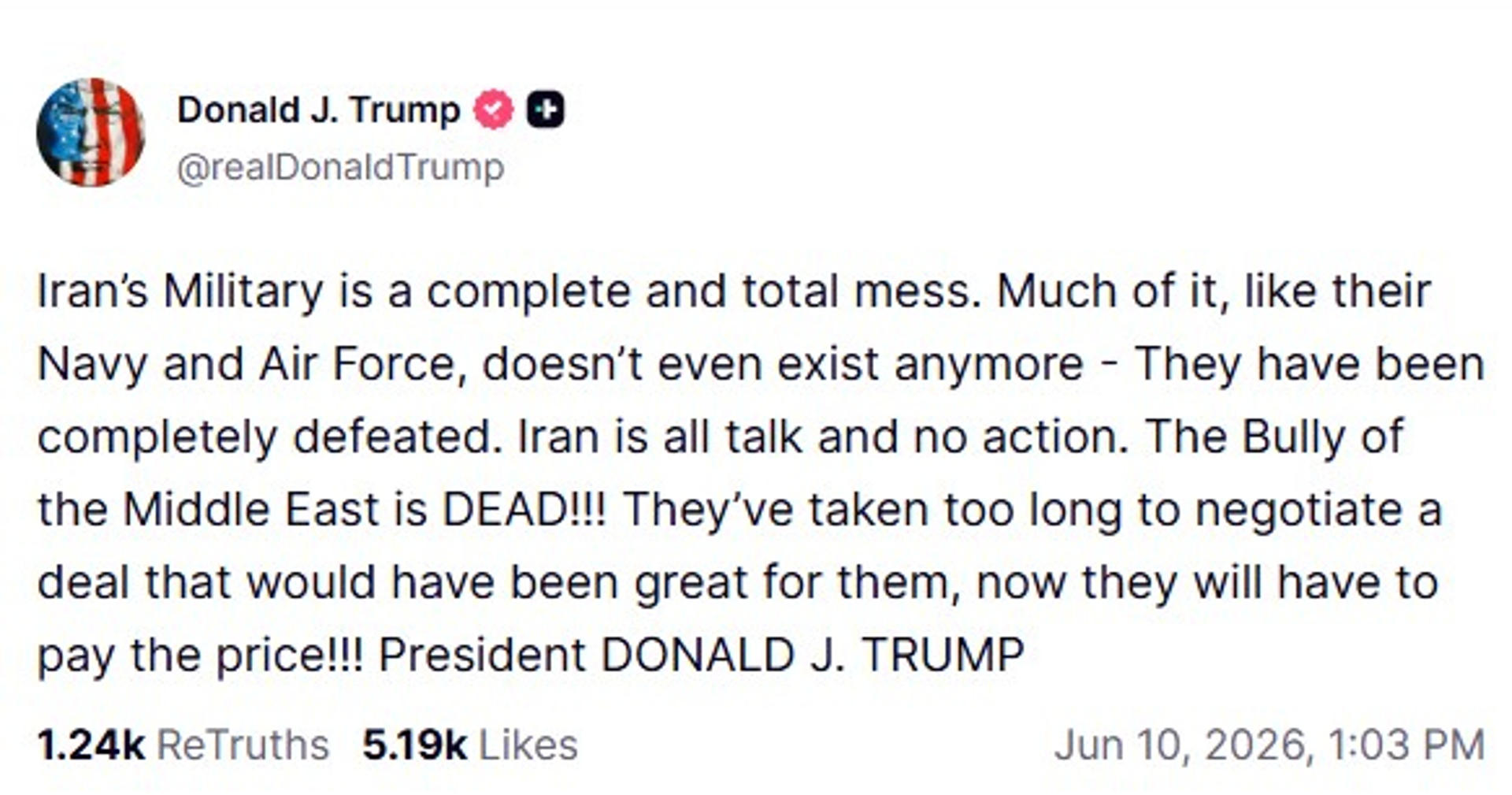 El presidente estadounidense, Donald Trump, aseguró este martes que Irán ha tardado demasiado en negociar un acuerdo y que ahora "tendrán que pagar las consecuencias". "Irán solo habla y no actúa. ¡El matón de Oriente Medio está MUERTO! Han tardado demasiado en negociar un acuerdo que les habría beneficiado enormemente, ¡ahora tendrán que pagar las consecuencias!", dijo Trump en su red social, Truth Social, después de que Irán afirmara que va a revisar la continuación de las negociaciones tras la última oleada de ataques. EFE/ @Realdonaldtrump en Truth Social - SOLO USO EDITORIAL/SOLO DISPONIBLE PARA ILUSTRAR LA NOTICIA QUE ACOMPAÑA (CRÉDITO OBLIGATORIO) -