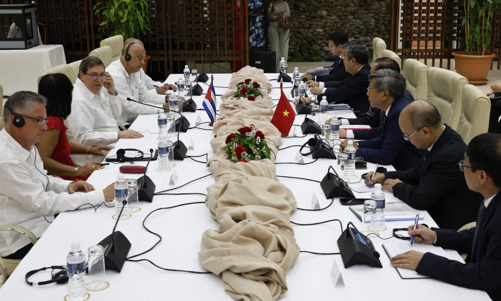 El presidente del Instituto Cubano de Amistad con los Pueblos (ICAP), Fernando González Llort (3-i), participa en una reunión con el ministro de Relaciones Exteriores de Vietnam, Le Hoai Trung en La Habana (Cuba). EFE/ Norlys Perez
