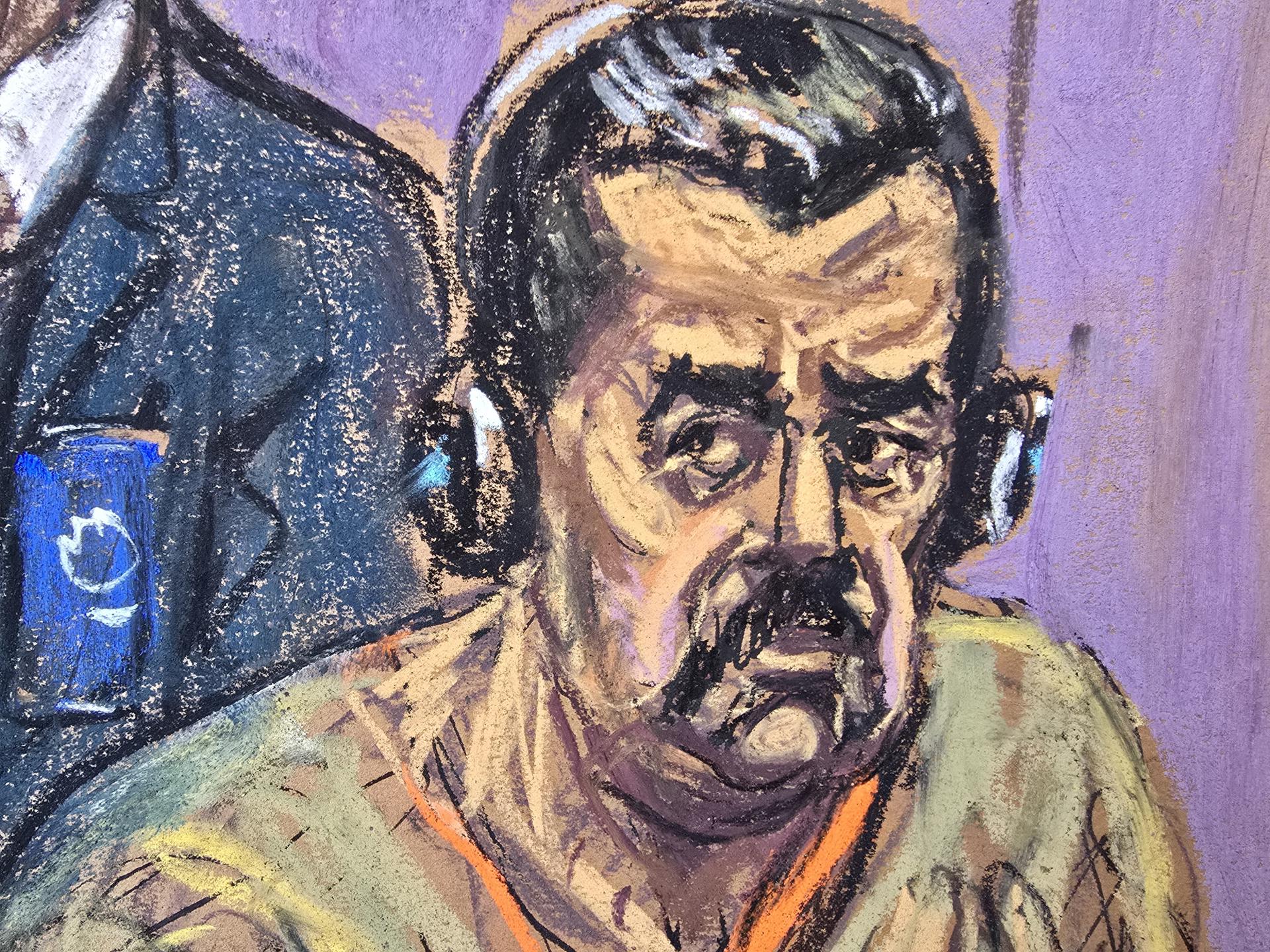 Fotografía de archivo de un dibujo realizado por la artista Jane Rosenberg donde aparece el presidente depuesto de Venezuela, Nicolás Maduro, en una audiencia en un tribunal federal en Nueva York (EE.UU.). EFE/ Jane Rosenberg