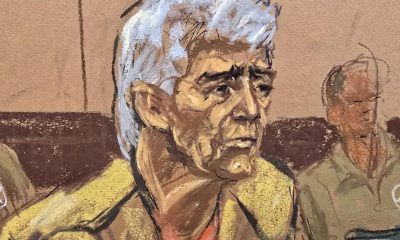 Fotografía de un dibujo realizado por la artista Jane Rosenberg que muestra al cofundador del extinto Cartel de Guadalajara, Rafael Caro Quintero, durante una audiencia este miércoles, en el tribunal del Distrito Este de Nueva York (EE.UU.). EFE/Jane Rosenberg