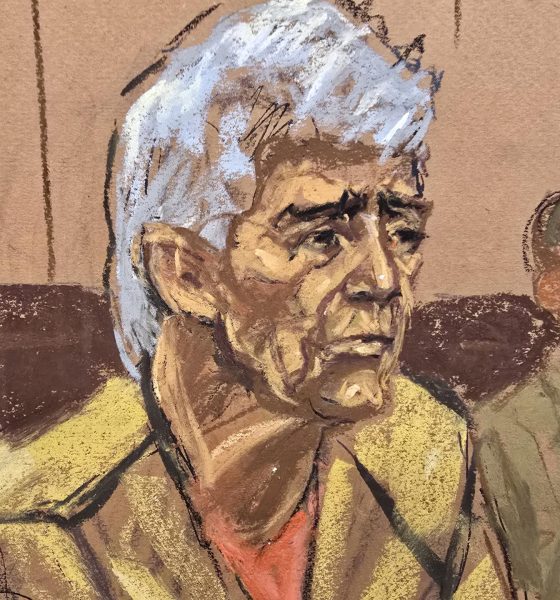 Fotografía de un dibujo realizado por la artista Jane Rosenberg que muestra al cofundador del extinto Cartel de Guadalajara, Rafael Caro Quintero, durante una audiencia este miércoles, en el tribunal del Distrito Este de Nueva York (EE.UU.). EFE/Jane Rosenberg