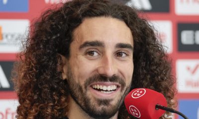 El defensa de la selección española Marc Cucurella durante la rueda de prensa tras el entrenamiento del equipo, hoy jueves en Chattanooga, Estados Unidos. EFE/Lavandeira jr