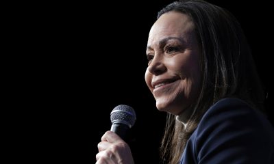 Fotografía de archivo en la que se captó a la líder opositora venezolana y Premio Nobel de Paz 2025, María Corina Machado, durante una conferencia, en Washington DC (EE.UU.). EFE/Will Olíver