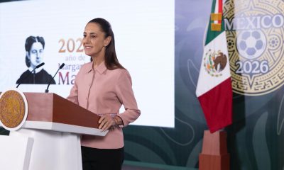 Fotografía cedida por la Presidencia de México de su mandataria, Claudia Sheinbaum, durante una rueda de prensa este jueves, en el Palacio Nacional de Ciudad de México (México). EFE/ Presidencia de México /SOLO USO EDITORIAL/NO VENTAS/ SOLO DISPONIBLE PARA ILUSTRAR LA NOTICIA QUE ACOMPAÑA (CRÉDITO OBLIGATORIO)