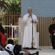 El papa León XIV durante su intervención en su visita este sábado al centro "CEDIA 24 Horas" de Cáritas Madrid. EFE/ J.J. Guillén POOL