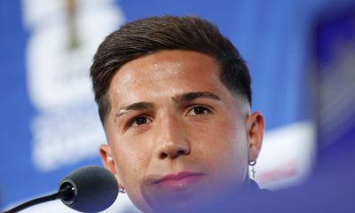 Enzo Fernández de Argentina, en rueda de prensa previa al próximo partido del Mundial 2026 con Austria, este domingo en el estadio de Dallas, Texas (Estados Unidos). EFE/Sebastián Mariscal