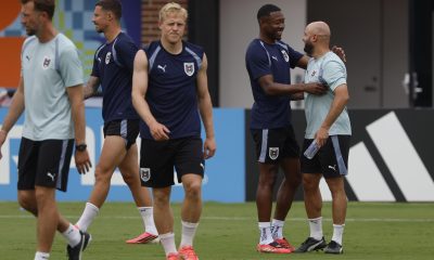 El jugador de la selección de Austria, David Alaba, durante el entrenamiento de este domingo en el Southern Methodist University (SMU), en Dallas. EFE/Mariscal.