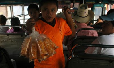 Fotografía de un niño al vender bolsas de mandarinas en un autobús en Tegucigalpa (Honduras). EFE/Gustavo Amador