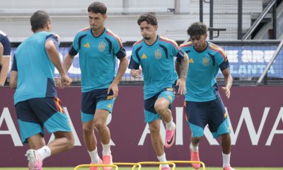 Los jugadores de la selección española este sábado en Atlanta durante el entrenamiento del equipo, en la víspera del partido del Mundial 2026 que les enfrenta a Araba Saudí. EFE/Lavandeira Jr