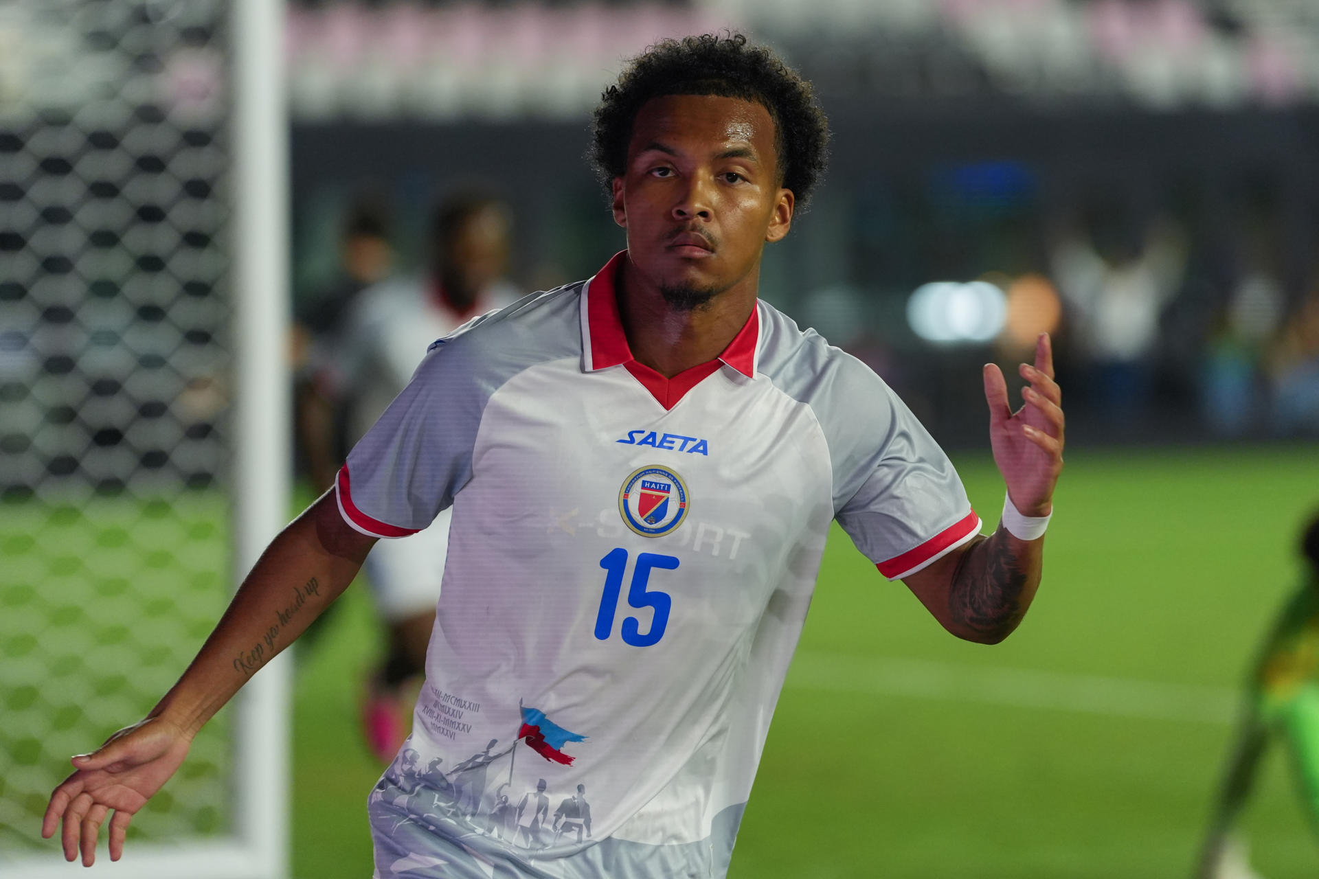 El haitiano Ruben Providence celebra un gol en el partido amistoso disputado por su selección contra Nueva Zelanda el pasado 2 de junio. EFE/ Alberto Boal