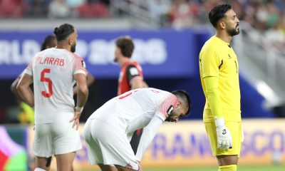 El portero de Jordania, Yazeed Abulaila, y sus compañeros reaccionan durante el partido de la fase de grupos de la Copa Mundial de la FIFA 2026 entre Austria y Jordania, en San Francisco, EE.UU. EFE/EPA/BENJAMIN FANJOY