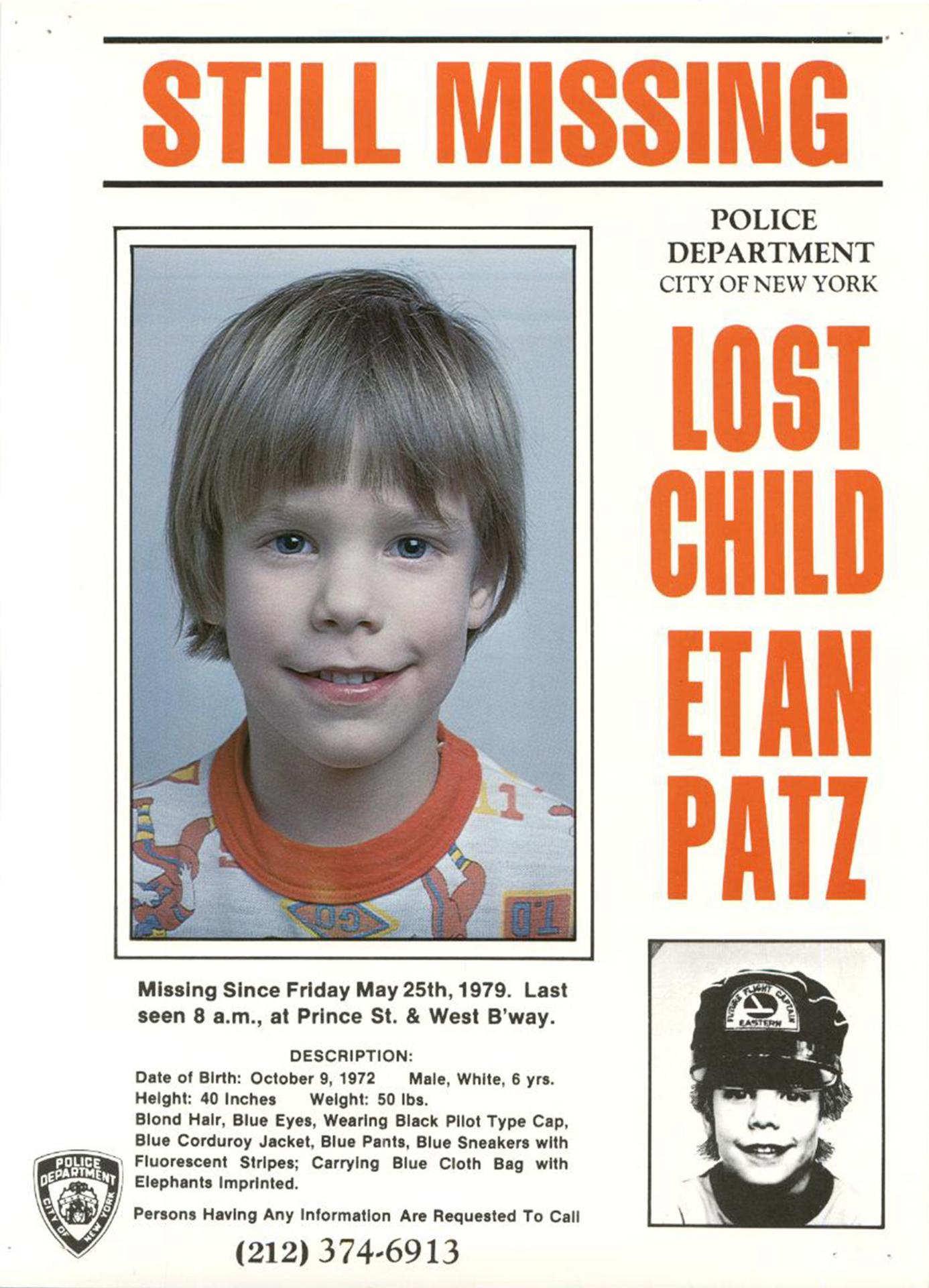 Fotografía cedida en abril de 2012, por el Departamento de Policía de Nueva York, de un cartel con la imagen del niño Etan Patz, quien desapareció en 1979. EFE/Andrew Gombert