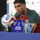 Achraf Hakimi, de Marruecos, participa en una rueda de prensa en la ciudad de East Rutherford en New Jersey (EE.UU.). Marruecos enfrentará a Brasil como parte del grupo C del Mundial de la FIFA 2026. EFE/ Sebastiao Moreira