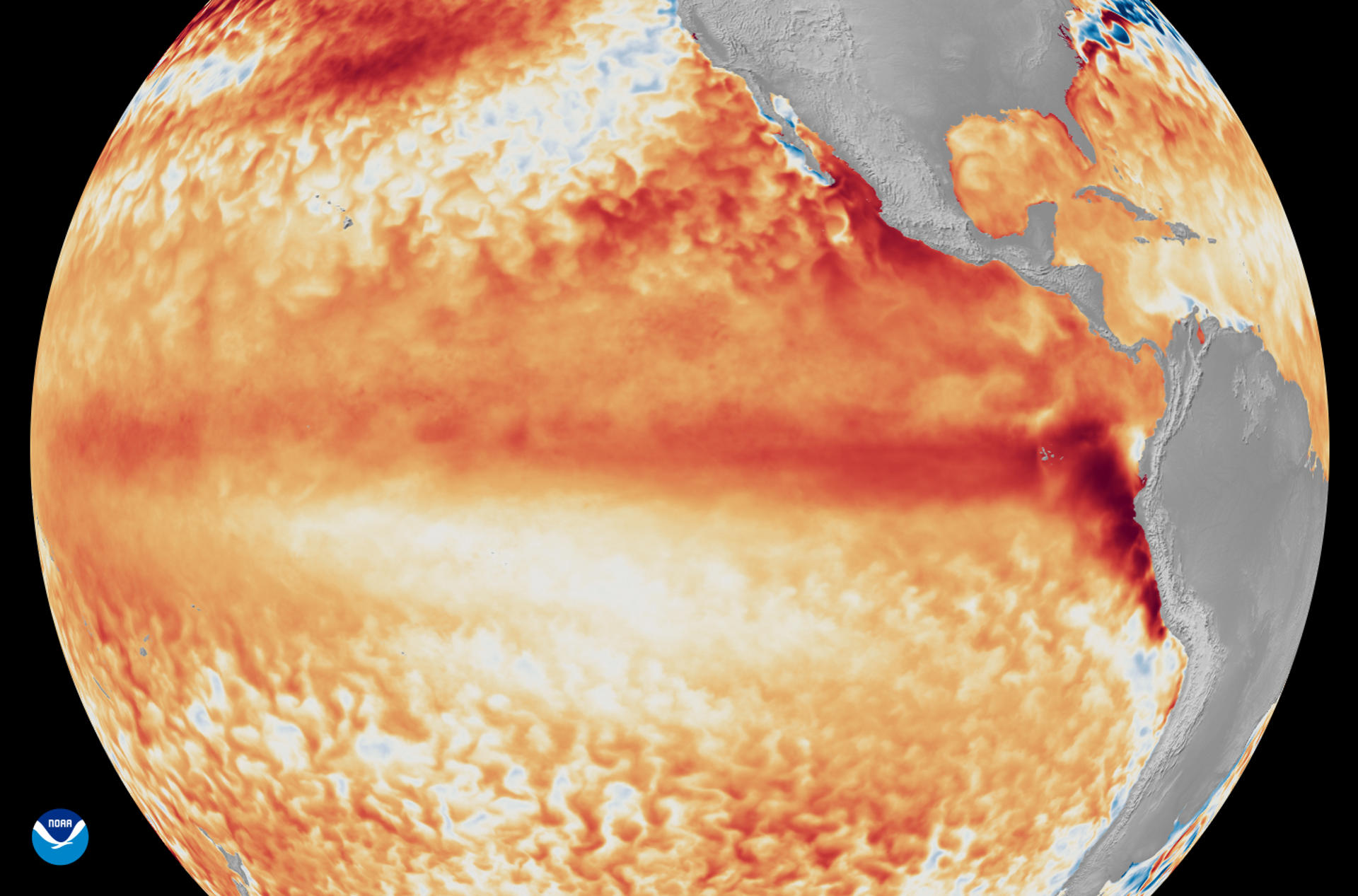 Fotografía satelital cedida por la Oficina Nacional de Administración Oceánica y Atmosférica (NOAA) que muestra la diferencia entre las temperaturas promedio de la superficie del mar en el ecuador del océano Pacífico tropical y la línea de referencia utilizada por el programa Coral Reef Watch, representada mediante diversas tonalidades de rojo y naranja para indicar temperaturas más cálidas. EFE/NOAA Satellites /SOLO USO EDITORIAL /NO VENTAS /SOLO DISPONIBLE PARA ILUSTRAR LA NOTICIA QUE ACOMPAÑA /CRÉDITO OBLIGATORIO