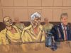 Fotografía de un dibujo realizado por la artista Jane Rosenberg que muestra al cofundador del extinto Cartel de Guadalajara, Rafael Caro Quintero (d), y el responsable de su seguridad, su sobrino Ismael Quintero Arellanes (i), durante una audiencia este miércoles, en el tribunal del Distrito Este de Nueva York (EE.UU.). EFE/Jane Rosenberg
