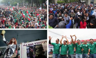 Combo de fotografías de archivo que muestran a aficionados de México celebrando el récord Guinness de la ola mas grande (arriba-i), maestros de la Coordinadora Nacional de Trabajadores de la Educación en manifestación (arriba-d), una mujer protesta por personas desaparecidas (abajo-i), y aficionados de México presentes en el estadio Ciudad de México. EFE/Madla Hartz/José Méndez/Mario Guzmán
