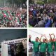 Combo de fotografías de archivo que muestran a aficionados de México celebrando el récord Guinness de la ola mas grande (arriba-i), maestros de la Coordinadora Nacional de Trabajadores de la Educación en manifestación (arriba-d), una mujer protesta por personas desaparecidas (abajo-i), y aficionados de México presentes en el estadio Ciudad de México. EFE/Madla Hartz/José Méndez/Mario Guzmán