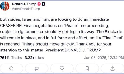 El presidente de Estados Unidos, Donald Trump, llamó el lunes a lrán e Israel a dejar de disparar "inmediatamente", después de que Teherán lanzara ataques con misiles contra territorio de Israel, que ha respondido contra objetivos iraníes. "Israel e Irán deben parar de disparar inmediatamente", indicó Trump en su perfil de Truth Social. EFE/ Trump en Truth Social - SOLO USO EDITORIAL/SOLO DISPONIBLE PARA ILUSTRAR LA NOTICIA QUE ACOMPAÑA (CRÉDITO OBLIGATORIO) -