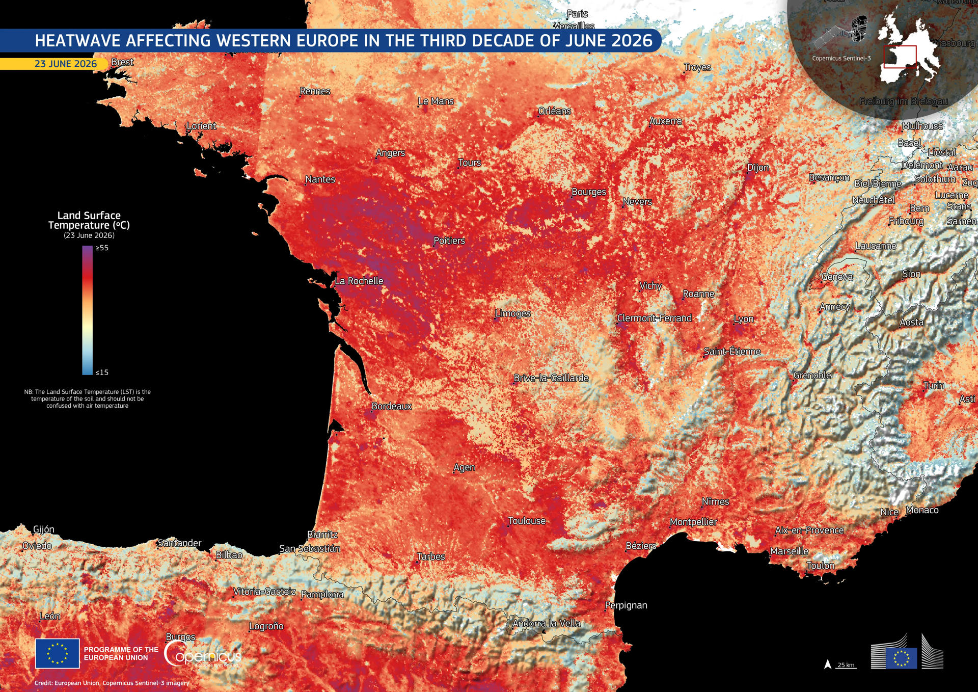 Visualización de datos, basada en datos de los satélites Copernicus Sentinel-3 adquiridos el 23 de junio de 2026 a las 09:54 UTC, muestra las temperaturas de la superficie terrestre (TST) en el centro y sur de Francia, y el norte de España. Se observan extensas áreas rojas y moradas, que indican picos de TST superiores a 50 °C. Una intensa ola de calor afecta actualmente a Europa occidental, siendo Francia y España los países más perjudicados. Según la Agencia Meteorológica Francesa , el martes 23 de junio se registró el día más caluroso desde que comenzaron las mediciones en 1947. En España, la Agencia Estatal de Meteorología (AEMET) emitió una alerta roja por temperaturas superiores a la media en varias zonas del norte de la península ibérica, incluidas las ciudades de Guipúzcoa, Bizkaia y Cantabria. EFE/  Unión Europea, imágenes del satélite Copernicus Sentinel-3 // SOLO USO EDITORIAL/SOLO DISPONIBLE PARA ILUSTRAR LA NOTICIA QUE ACOMPAÑA (CRÉDITO OBLIGATORIO)