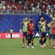 Los jugadores de la selección española (i-d) Lamine Yamal, Mikel Oyarzábal, Nico Williams y Dani Olmo, al final del partido del Mundial 2026 entre España y Arabia Saudí, con victoria 4-0 en Atlanta. EFE/Lavandeira Jr